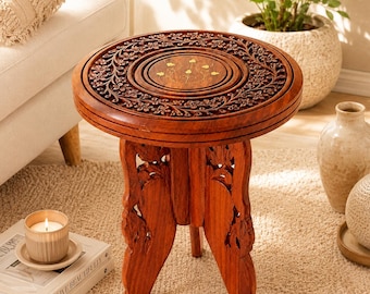Mesita auxiliar de madera tallada a mano, mesa auxiliar rústica, mueble decorativo floral, decoración bohemia para el hogar, mesita de noche tradicional.