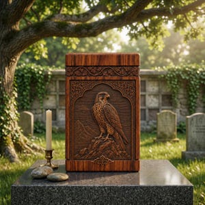 May include: A rectangular wooden cremation urn featuring a detailed relief carving of a falcon perched on a rocky mountain peak. The urn has a dark wood grain finish with intricate vine patterns along the top and a decorative emblem at the base.