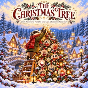 Könnte beinhalten: Ein Dachs mit einem rot karierten Schal steht auf einer Holzleiter, um einen Stern auf einen Weihnachtsbaum zu setzen. Der Baum ist mit runden Ornamenten geschmückt, die Waldtiere wie Dachs, Eichhörnchen, Maus, Kaninchen, Eule, Igel und Fuchs zeigen. Der Text lautet THE CHRISTMAS TREE From the world of Pumpkin Spice Café & Cinnamon Roll Bakery.