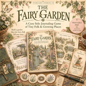 Pode incluir: O conjunto de jogo de diário a solo The Fairy Garden inclui um livro, um mapa de jardim, uma carta de personagem para Pip Thistledown e fichas circulares com ilustrações botânicas. Os itens são decorados com motivos florais, uma chave e uma caneta de tinta permanente.
