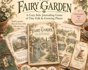 May include: The Fairy Garden solo journaling game set includes a book, a garden map, a character card for Pip Thistledown, and circular tokens featuring botanical illustrations. The items are decorated with floral motifs, a key, and a fountain pen.