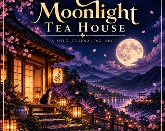 May include: A square game cover titled Moonlight Tea House A Solo Journaling RPG. The image features a traditional wooden building with glowing lanterns, a cat, and cherry blossoms overlooking a lake and mountains under a large full moon.