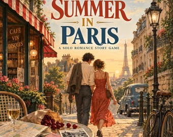 May include: A game box cover titled A Summer in Paris, A Solo Romance Story Game, featuring a couple walking down a Parisian street with the Eiffel Tower in the distance, a cafe with red striped awnings, a vintage car, and a bicycle.
