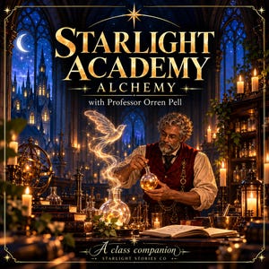 May include: A digital illustration titled Starlight Academy Alchemy with Professor Orren Pell, featuring a person in a vest working with glowing glass flasks in a candlelit library. A luminous bird-shaped vapor rises from a flask.