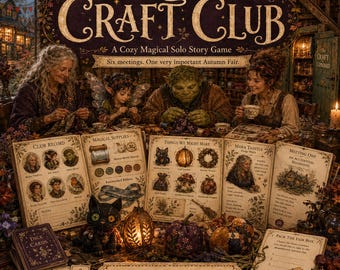 May include: The Little Witch's Craft Club is a solo story game featuring 44 printable pages. The image displays an open book with illustrations of characters, magical supplies, and craft projects, alongside a black cat figurine and dice cards.