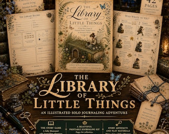 May include: The Library of Little Things solo journaling game set includes a central illustrated rulebook, two game record sheets, a 42-page journaling kit, a mending tag, a fountain pen, a metal key, an ink bottle, and a vintage pocket watch.