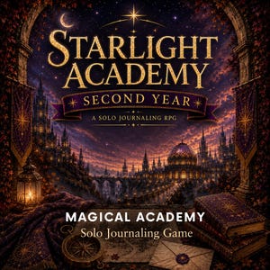 Op de afbeelding: Een boekomslag voor het solo-rollenspel Starlight Academy Second Year met een fantasiekasteellandschap bij schemering. De titel is in goud weergegeven, met een paarse banner, een kompas, een verzegelde envelop en gestapelde boeken.