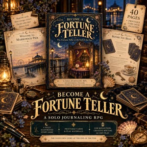 May include: A solo journaling RPG titled Become a Fortune Teller featuring a dark blue book cover with a pier scene, a crystal ball, and gold text. Includes printed instruction cards, a 40-page booklet, a compass, and a fountain pen on a wooden surface.