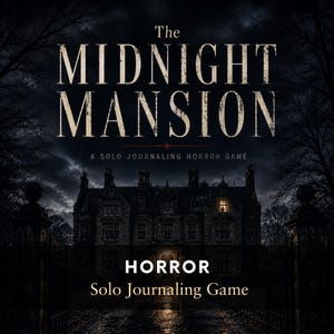 Könnte beinhalten: The Midnight Mansion, ein Solo-Journaling-Horrorspiel, zeigt ein dunkles Steinhaus unter einem bewölkten Nachthimmel. Ein einzelnes Fenster leuchtet hell und zeigt eine Silhouette. Der Titel ist in einer verwitterten, weißen Serifenschrift.