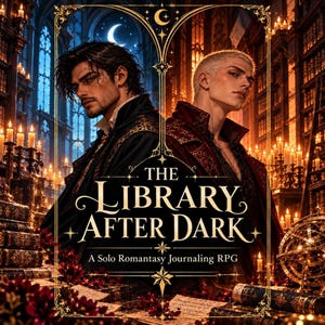 Könnte beinhalten: Ein Buchcover mit dem Titel The Library After Dark: A Solo Romantasy Journaling RPG, das zwei Personen in dunkler, verzierter Kleidung zeigt, die in einer von Kerzen beleuchteten Bibliothek mit hohen Regalen und goldenen Verzierungen stehen.
