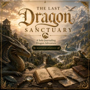 Może przedstawiać: Okładka książki zatytułowana The Last Dragon Sanctuary, A Solo Journaling Dragon Adventure, Beginner-Friendly. Obraz przedstawia dużego smoka, otwarty dziennik ze szkicami smoków, lupę, klucz, kostkę do gry oraz pióro wieczne.