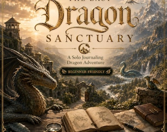 Pode incluir: Uma capa de livro intitulada The Last Dragon Sanctuary, A Solo Journaling Dragon Adventure, Beginner-Friendly. A imagem mostra um grande dragão, um diário aberto com esboços de dragões, uma lupa, uma chave, um dado e uma caneta-tinteiro.