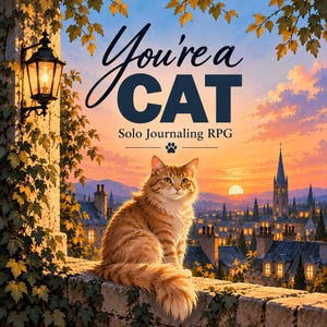 May include: A digital illustration of a fluffy orange tabby cat sitting on a stone ledge at sunset. The text reads You're a CAT Solo Journaling RPG. A lit black lantern hangs on a stone pillar covered in ivy, overlooking a town with a church spire.