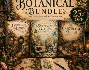May include: A botanical bundle of three solo journaling games titled Fantastical Florist, The Butterfly Garden, and The Greenhouse Keeper. The set includes illustrated game books, a fountain pen, envelopes with wax seals, and botanical prints.