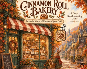 May include: A game box cover titled The Cinnamon Roll Bakery, A Cozy Solo Journaling Game, featuring an illustration of a bakery storefront with a red and white striped awning, autumn foliage, and a rabbit holding a basket on a cobblestone street.
