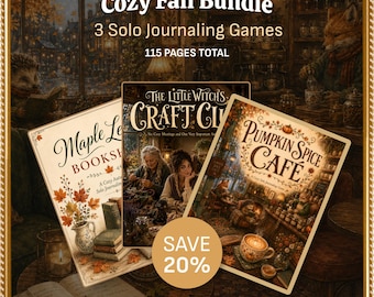 May include: A bundle of three solo journaling games titled Cozy Fall Bundle, 115 pages total, featuring covers for Maple Leaf Bookshelf, The Little Witch's Craft Club, and Pumpkin Spice Cafe, with a circular graphic indicating a 20% savings.