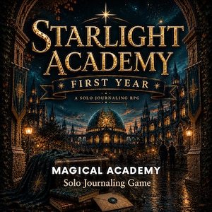 Peut inclure: Une couverture de livre intitulée Starlight Academy First Year A Solo Journaling RPG montrant une académie gothique sombre de nuit avec un grand dôme, des arches en pierre, des lanternes, un coffre avec un tissu sombre, des livres et une enveloppe.