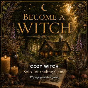 Op de afbeelding: Een digitale spelcover met de titel BECOME A WITCH COZY WITCH Solo Journaling Game 42 page printable game. De afbeelding toont een huisje in een bos, twee brandende kaarsen, een open boek, veren en paddenstoelen, omlijst door botanische illustraties.
