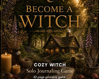 May include: A digital game cover titled BECOME A WITCH COZY WITCH Solo Journaling Game 42 page printable game. The image features a cottage in a forest, two lit candles, an open book, feathers, and mushrooms, all framed by botanical illustrations.