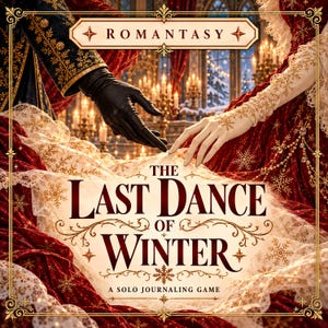 Può includere: Una copertina di libro intitolata The Last Dance of Winter, A Solo Journaling Game, Romantasy. Mostra due mani che si tendono l'una verso l'altra, una con un guanto nero e l'altra con un guanto di pizzo bianco, su un abito in velluto rosso.