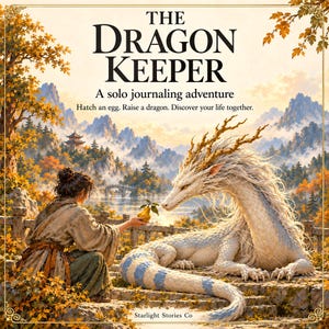 Peut inclure: Une couverture de livre intitulée The Dragon Keeper, A solo journaling adventure, Hatch an egg. Raise a dragon. Discover your life together. Elle illustre une personne offrant une poire à un grand dragon blanc aux rayures bleues.
