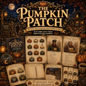 May include: The Pumpkin Patch is a cozy Halloween solo mini-game featuring a game box, character cards for Elias Reed and Mabel Thistle, a Keeper's Ledger, pumpkin selection charts, and game cards. The set includes 17 printable pages of game content.