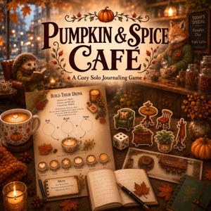 May include: A Pumpkin & Spice Café solo journaling game set featuring a game board with drink building instructions, a notebook, a fountain pen, a six-sided die, and various miniature furniture and plant cutouts on a wooden table.