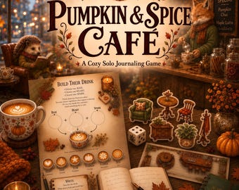 Pode incluir: Um conjunto de jogo de diário a solo Pumpkin & Spice Café com um tabuleiro de jogo com instruções para preparar bebidas, um caderno, uma caneta de tinta permanente, um dado de seis faces e várias miniaturas de móveis e plantas numa mesa.