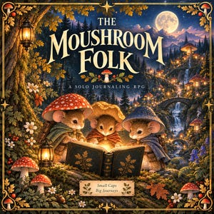 Puede incluir: Una portada de juego cuadrada titulada The Moushroom Folk A Solo Journaling RPG con tres ratones con sombreros de champiñón, leyendo un libro abierto sobre un tronco. El fondo muestra un bosque a la luz de la luna con cascadas y linternas.