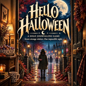 Könnte beinhalten: Ein Spielcover mit dem Titel Hello Halloween A Solo Journaling Game Seven strange visitors. One impossible night. Das Bild zeigt eine vermummte Gestalt, die nachts auf einer nassen, mit Blättern bedeckten Straße steht, beleuchtet von Straßenlaternen und einem Vollmond.