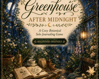 Pode incluir: Uma capa de jogo intitulada The Greenhouse After Midnight, A Cozy Botanical Solo Journaling Game, Beginner-Friendly. A ilustração mostra uma mesa de madeira com um livro aberto, uma chávena fumegante, uma chave e tesouras numa estufa.