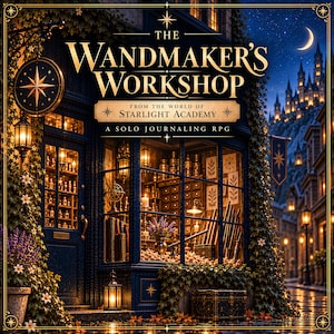 May include: A book cover titled The Wandmaker's Workshop From The World Of Starlight Academy A Solo Journaling RPG. The image depicts a dark blue storefront with large windows displaying shelves of bottles, tools, and a vase of purple flowers.