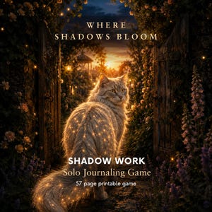 Könnte beinhalten: Ein 57-seitiges, druckbares Solo-Journaling-Spiel mit dem Titel Where Shadows Bloom und Shadow Work. Das Cover zeigt eine helle Katze in einem Gartentor bei Sonnenuntergang, umgeben von leuchtenden Lichtern, Blumen und Holztoren.