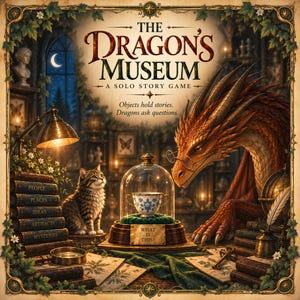 Könnte beinhalten: Das Cover des Spiels The Dragon's Museum A Solo Story Game zeigt einen roten Drachen mit Brille, der eine Teetasse unter einer Glasglocke betrachtet. Eine getigerte Katze sitzt neben einem Stapel Bücher mit den Titeln People, Places, Ideas, Artifacts, Mysteries.