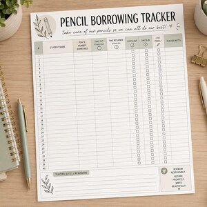 Pode incluir: Uma folha de papel branca para rastreamento de empréstimo de lápis com texto preto e detalhes em verde sálvia. O cabeçalho diz PENCIL BORROWING TRACKER e inclui colunas para nome do aluno, número do lápis, hora de saída, retorno e notas.