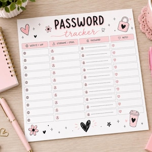 Op de afbeelding: Een wit papieren wachtwoordtracker-blad met roze en zwarte accenten. De koptekst luidt PASSWORD tracker. Het bevat kolommen voor website of app, gebruikersnaam of e-mail, wachtwoord en notities, versierd met kleine hartjes, bloemen en koffiebeker-iconen.