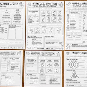 Könnte beinhalten: Ein Set aus sechs pädagogischen Arbeitsblättern mit schwarz-weißen Strichzeichnungen und Text zu Themen wie Bakterien, Viren, Keimen, Hygiene, Immunsystem und Krankheitsprävention, angeordnet auf einer hölzernen Oberfläche.