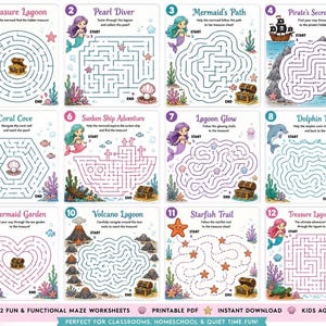 May include: A collection of twelve colorful maze worksheets featuring underwater themes with mermaids, sea creatures, and treasure chests. Each numbered activity includes a unique path to solve, with titles like Treasure Lagoon and Pirate's Secret Lagoon.
