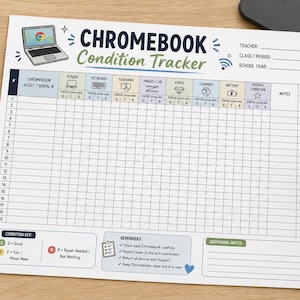May include: A white paper Chromebook Condition Tracker sheet with a grid for twenty assets. It features columns for screen, keyboard, touchpad, hinges, ports, charger, battery, and overall condition, plus a condition key, reminders, and notes section.