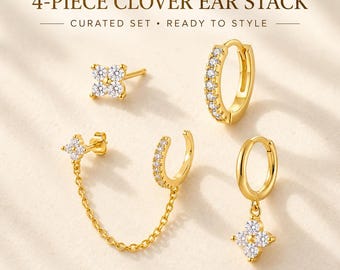4 Piece Floral Ear Stack Set, 4 Individual Earrings, CZ Huggie Hoop & Chain Ear Cuff Set, Minimalist Earrings for Women