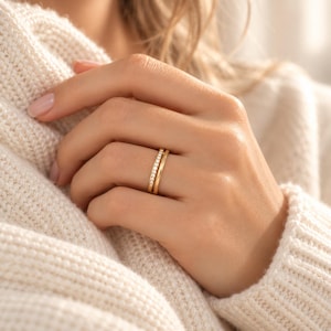 Double Band CZ Ring, Dainty Sparkle Ring for Women, Gold Silver Stackable Ring, Minimalist Everyday Jewelry, Gift for Her