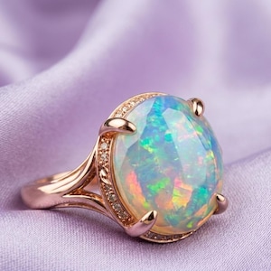 Oval Cut Fire Opal Women's Wedding Ring, 14K Rose Gold Plated, 925 Sterling Silver Handmade Jewelry, Engagement Ring, Christmas Gift For Her