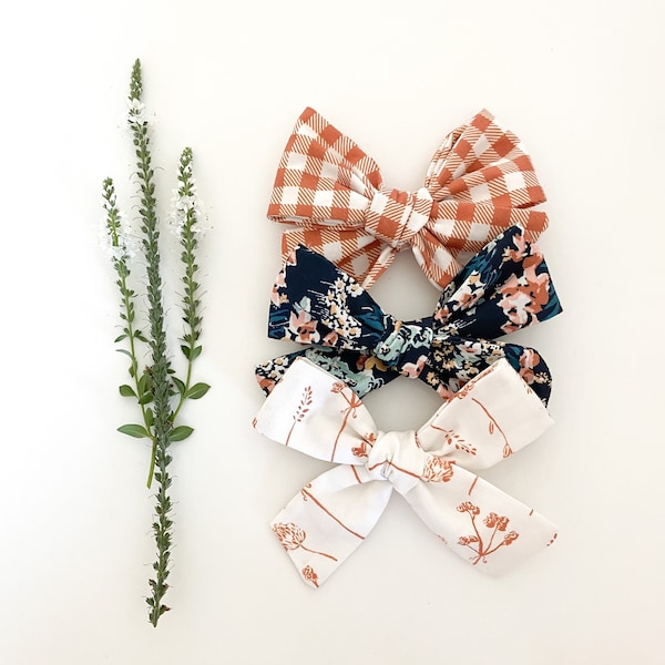 Rust Fall Floral Bows, Boho Fabric Bow Clips or Headbands, Classic Navy Pinwheel Set, Terracotta Gingham Check Bow, Copper Wildflower Bow