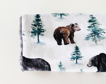 Bear Baby Blanket, Modern Minky Lovey Snuggle Stroller Blanket, Adventure Awaits Rustic Forest Woodland Nursery Baby Shower Gift for Boy