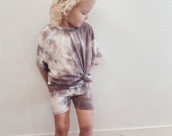 Purple Tie Dye Boxy Tee and Bike Shorts, Ribbed Drop Shoulder Top and Cycling Shorts Set for girls, Everyday Soft Summer Outfit for Toddler