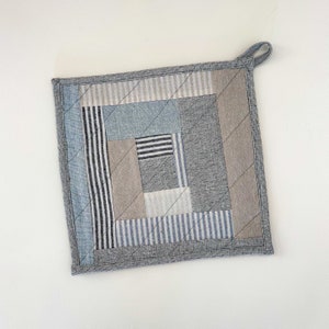 Linen Pot Holder, Scrappy Quilted Hot Pad, Neutral Country Cottage Style image 2