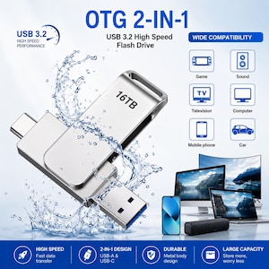 Könnte beinhalten: Ein silberner 16TB 2-in-1 OTG USB 3.2 Flash-Speicher mit USB-A und USB-C Anschlüssen, umgeben von einem Wasserspritzer-Effekt. Der Text auf dem Bild enthält OTG 2-IN-1, USB 3.2 High Speed Flash Drive, 16TB und WIDE COMPATIBILITY.