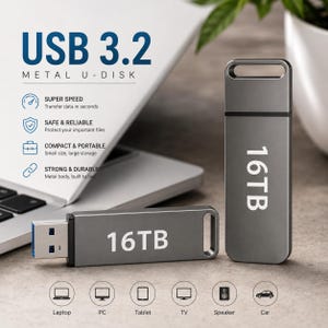 May include: Two grey metal USB 3.2 U-disk flash drives with 16TB printed in white on the surface. One drive is positioned vertically and the other horizontally, both featuring a rectangular design with a cutout loop at the top end.