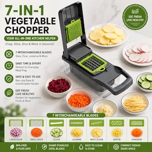 May include: A 7-in-1 vegetable chopper with a dark gray frame and lime green accents. The device features a hinged lid with a cleaning grid, a square metal dicing blade, and a clear collection container. Includes text: 7-IN-1 VEGETABLE CHOPPER.