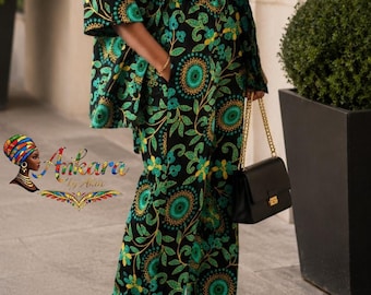 African Print Kimono and Wide Leg Trousers  Emerald bloom Ankara Two Piece Set